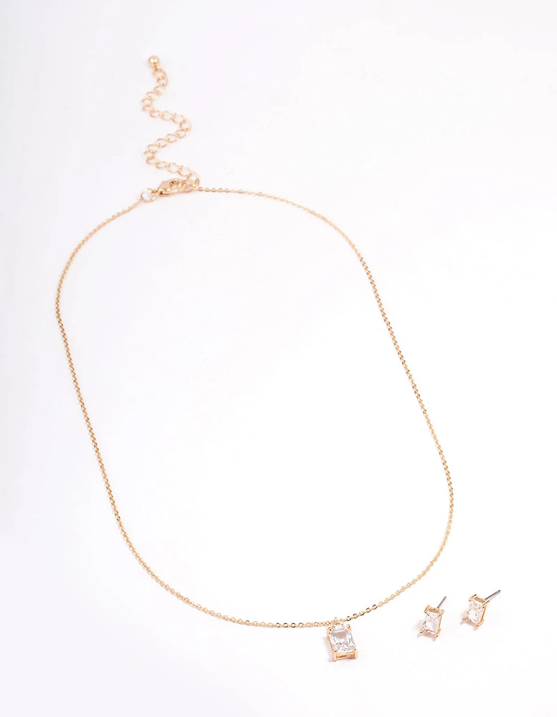 Gold Rectangle Cubic Zirconia Earring & Necklace Set