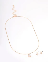 Gold Rectangle Cubic Zirconia Earring & Necklace Set