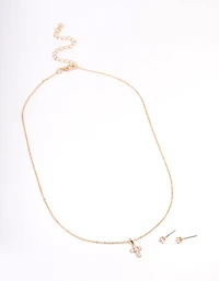 Gold Cubic Zirconia Cross Earring & Necklace Set