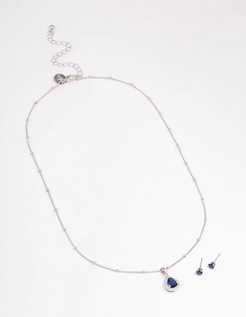 Silver Cubic Zirconia Sapphire Earring & Necklace Set