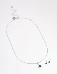 Silver Cubic Zirconia Sapphire Earring & Necklace Set