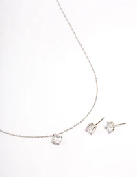 Silver Cubic Zirconia Round Earring & Necklace Set