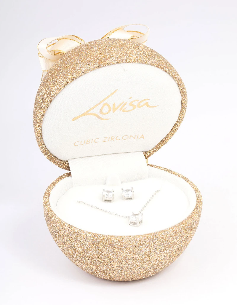 Silver Cubic Zirconia Round Earring & Necklace Set