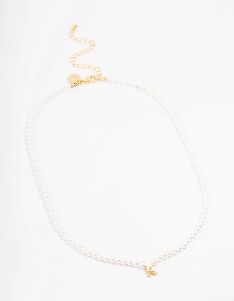 Gold Plated Pearl &  Letter K  Pendant Necklace