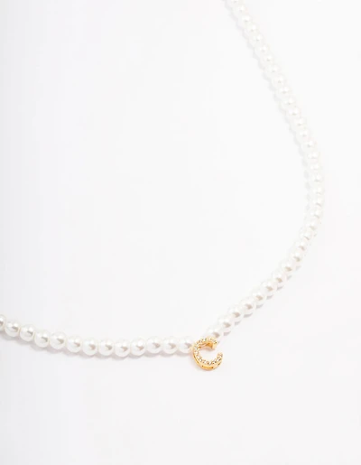 Gold Plated Letter C Initial & Pearl Pendant Necklace
