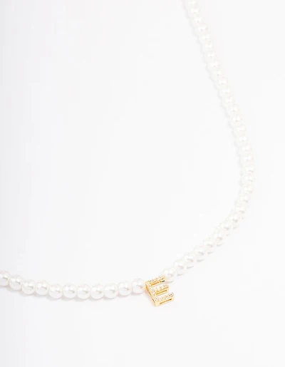 Gold Plated Letter E Initial & Pearl Pendant Necklace