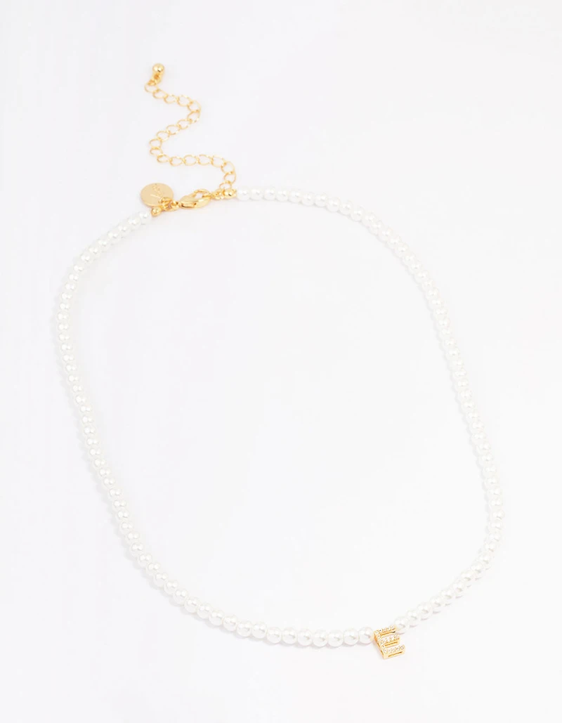 Gold Plated Letter E Initial & Pearl Pendant Necklace