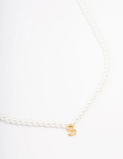 Gold Plated Pearl & Letter S Pendant Necklace