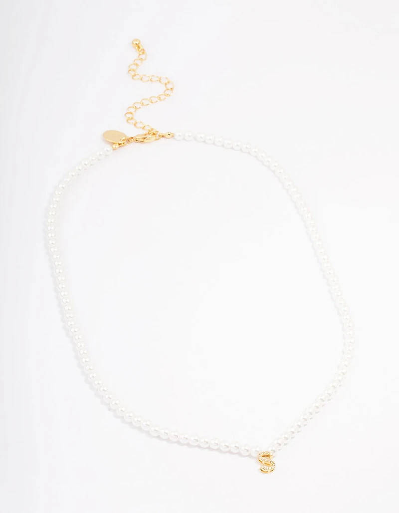 Gold Plated Pearl & Letter S Pendant Necklace