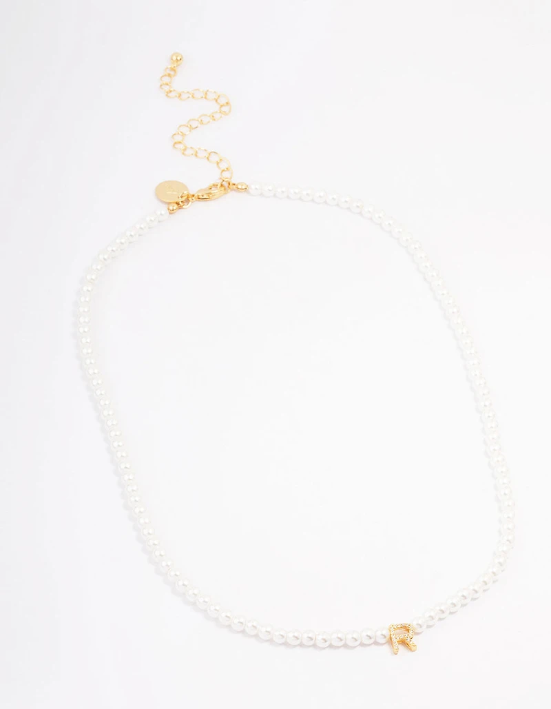 Gold Plated Letter R Initial & Pearl Pendant Necklace