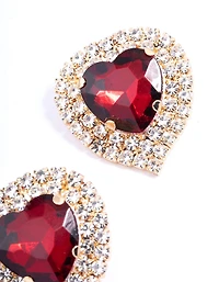 Red Diamante Heart Stone Stud Earrings