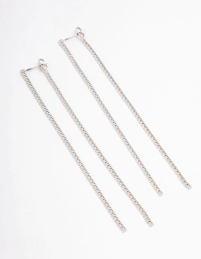 Silver Cubic Zirconia Skinny Layered Drop Earrings
