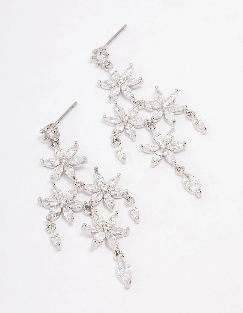 Silver Cubic Zirconia  Flower Chandelier Drop Earrings