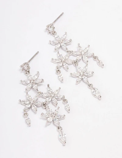Silver Cubic Zirconia  Flower Chandelier Drop Earrings