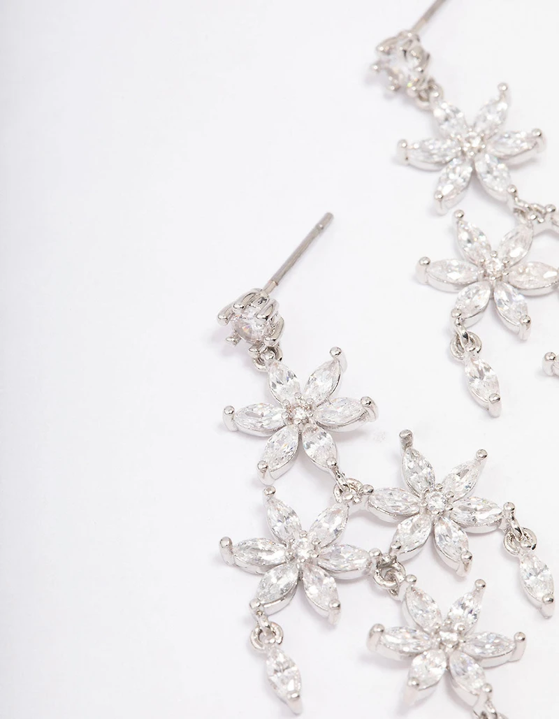 Silver Cubic Zirconia  Flower Chandelier Drop Earrings