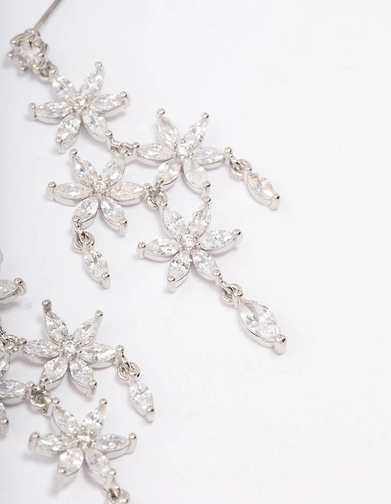 Silver Cubic Zirconia  Flower Chandelier Drop Earrings