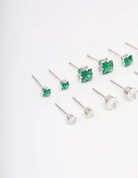 Silver Cubic Zirconia Round & Square Stud Earrings 12-Pack