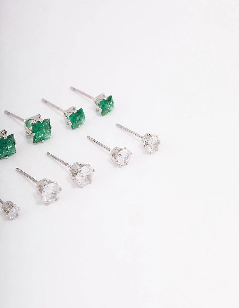 Silver Cubic Zirconia Round & Square Stud Earrings 12-Pack