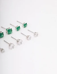Silver Cubic Zirconia Round & Square Stud Earrings 12-Pack