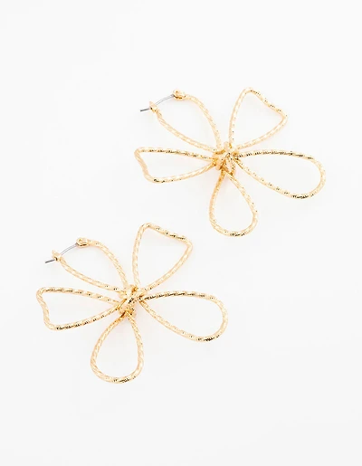 Gold Plated Textured Wire Flower Statement Earrings
