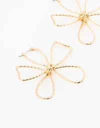 Gold Plated Textured Wire Flower Statement Earrings