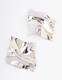 Silver Textured Disc Statement Stud Earrings