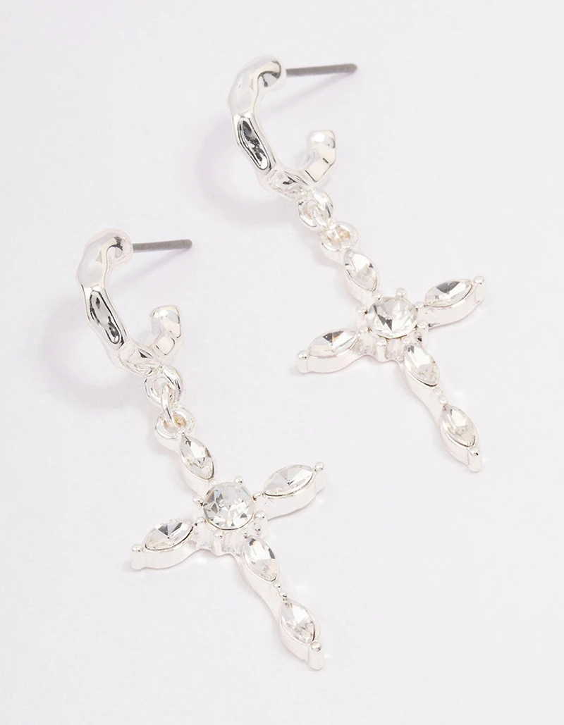Silver Diamante Cross Huggie Earrings