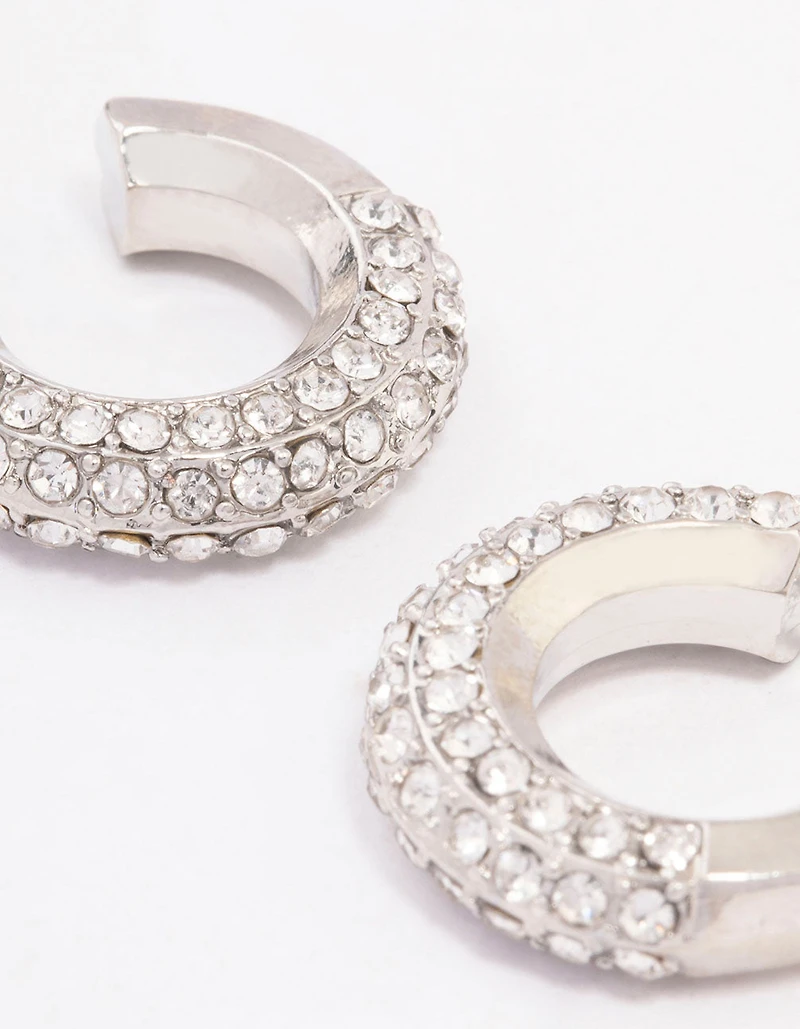 Silver Diamante Small Chubby Huggie Earrings