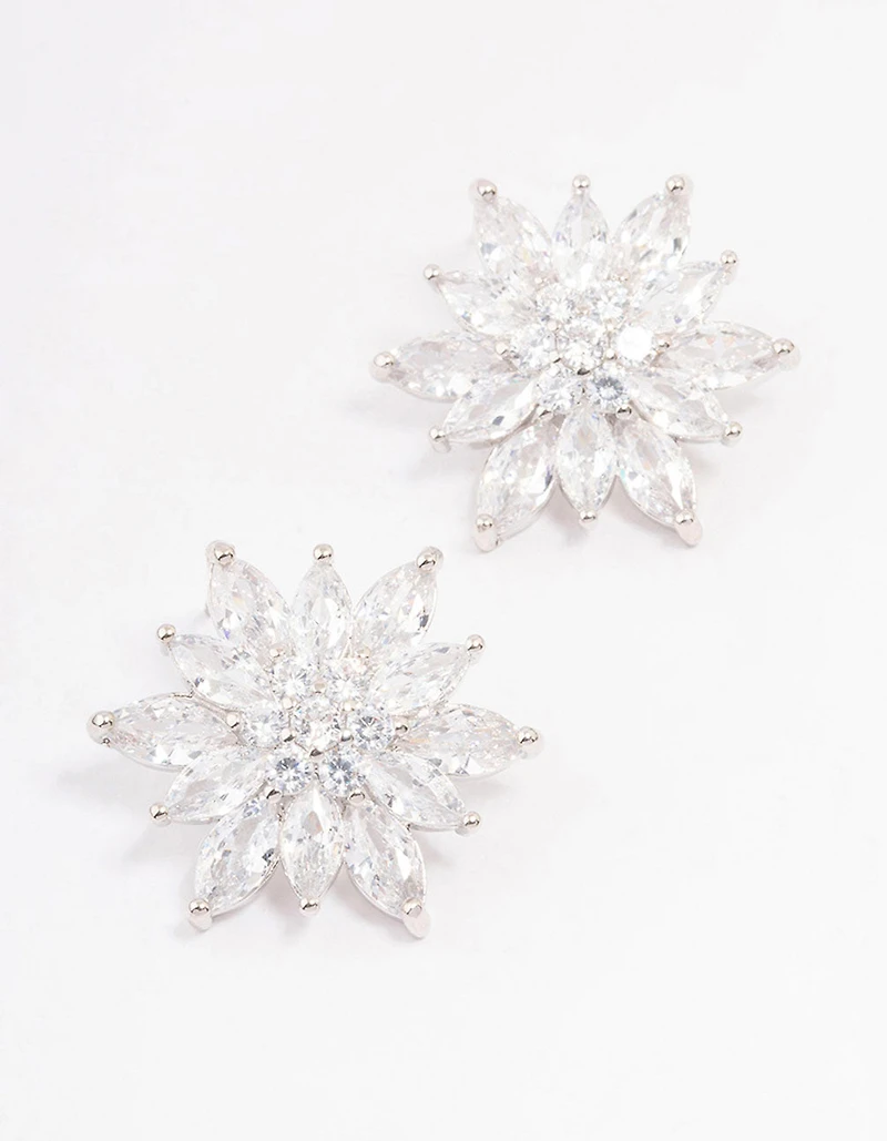 Silver Cubic Zirconia Flower Stud Earrings