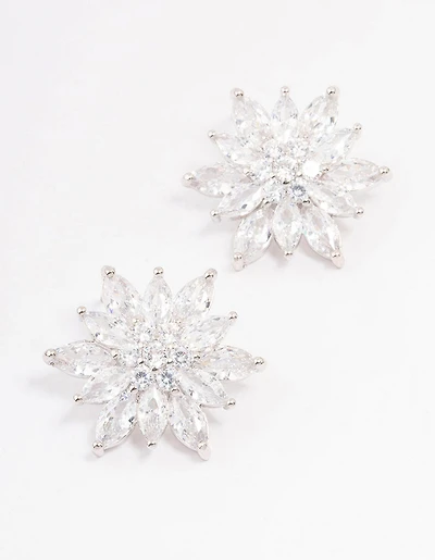 Silver Cubic Zirconia Flower Stud Earrings