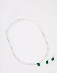 Silver Emerald Navette Jewellery Set
