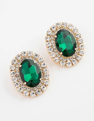 Gold Luxe Oval Emerald Halo Stud Earrings