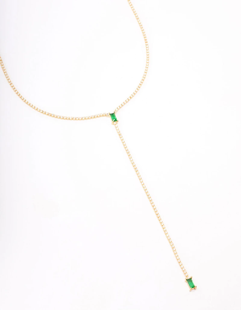 Gold Plated Cubic Zirconia Baguette Emerald Y-Shaped Necklace