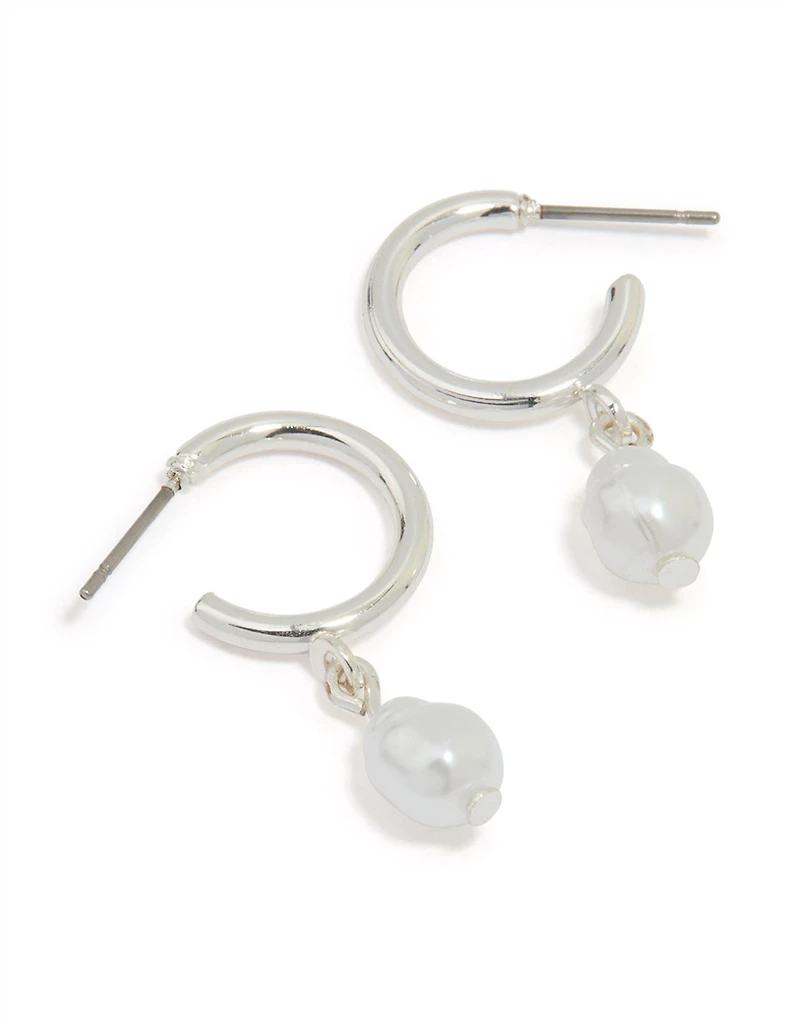 Silver Pearl Drop Huggie Earrings
