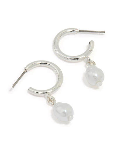 Silver Pearl Drop Huggie Earrings