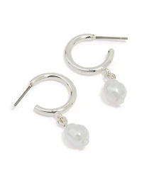 Silver Pearl Drop Huggie Earrings