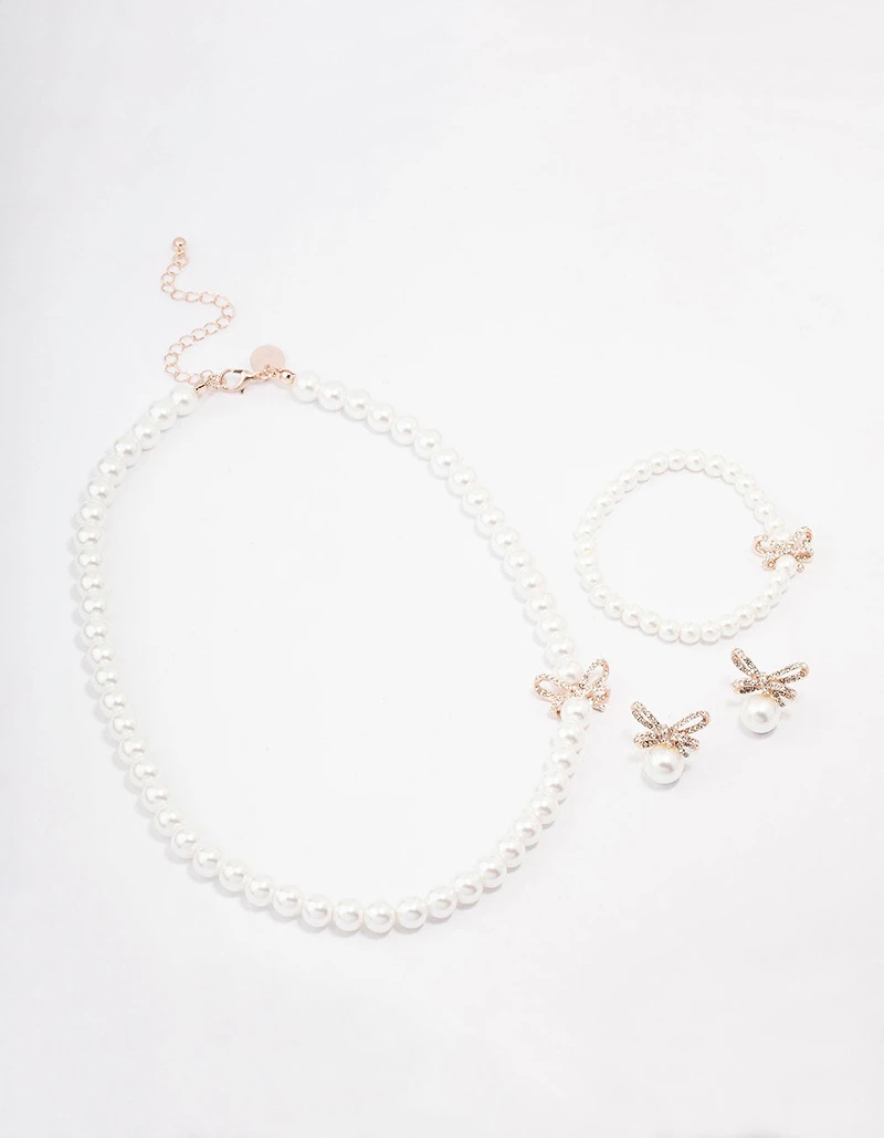 Rose Gold Pearl & Bow Jewellery Set