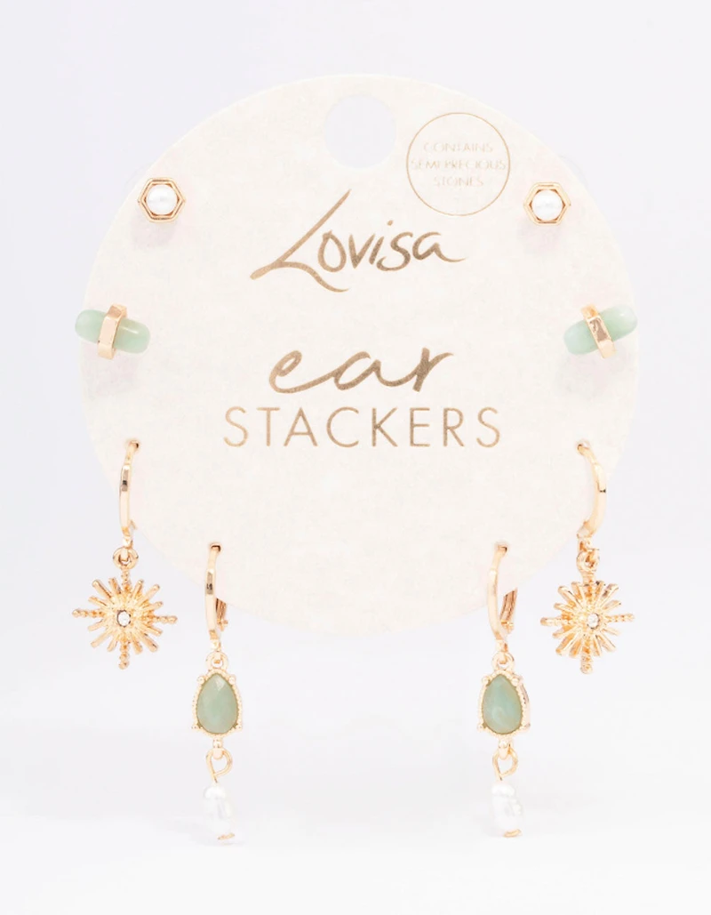 Gold Green Aventurine Celestial & Pearly Earring 4-Pack