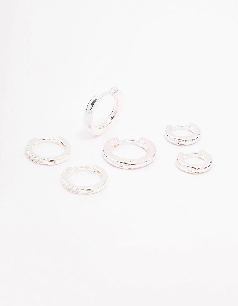 Silver Cubic Zirconia Minimal Huggie Hoop Earrings 3-Pack