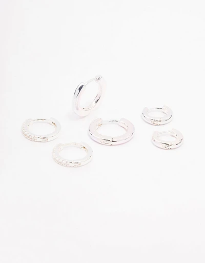 Silver Cubic Zirconia Minimal Huggie Hoop Earrings 3-Pack