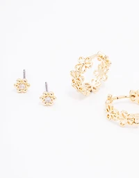 Gold Cubic Zirconia Mixed Flower & Ball Earrings 3-Pack