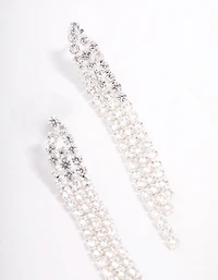Silver Plated Brass  Triangular Cubic Zirconia Cup Chain Drop Earrings
