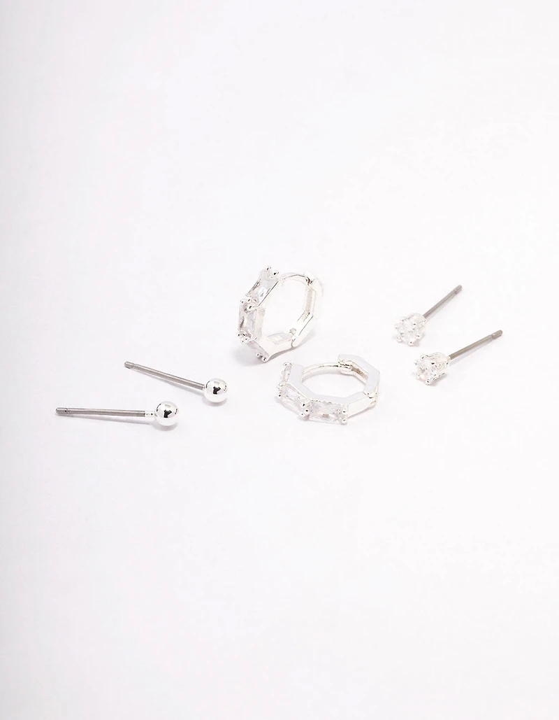 Silver Plated Brass Baguette Huggie Earring 3-Pack