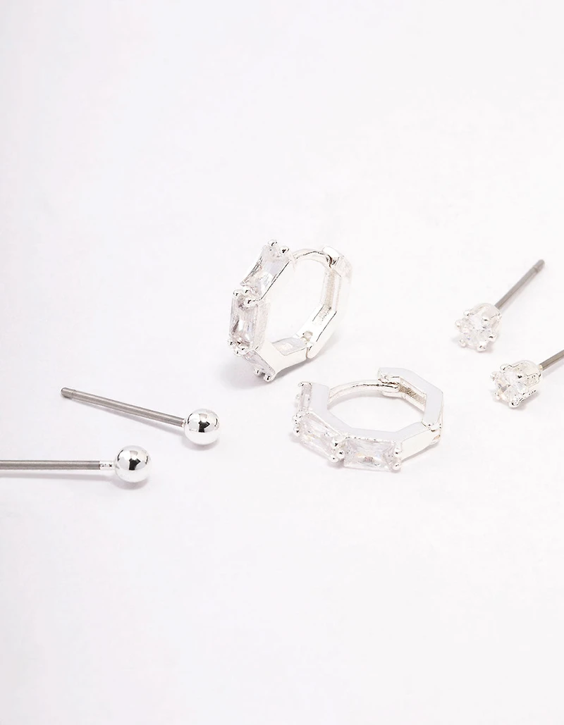 Silver Plated Brass  Baguette Huggie Earring 3-Pack