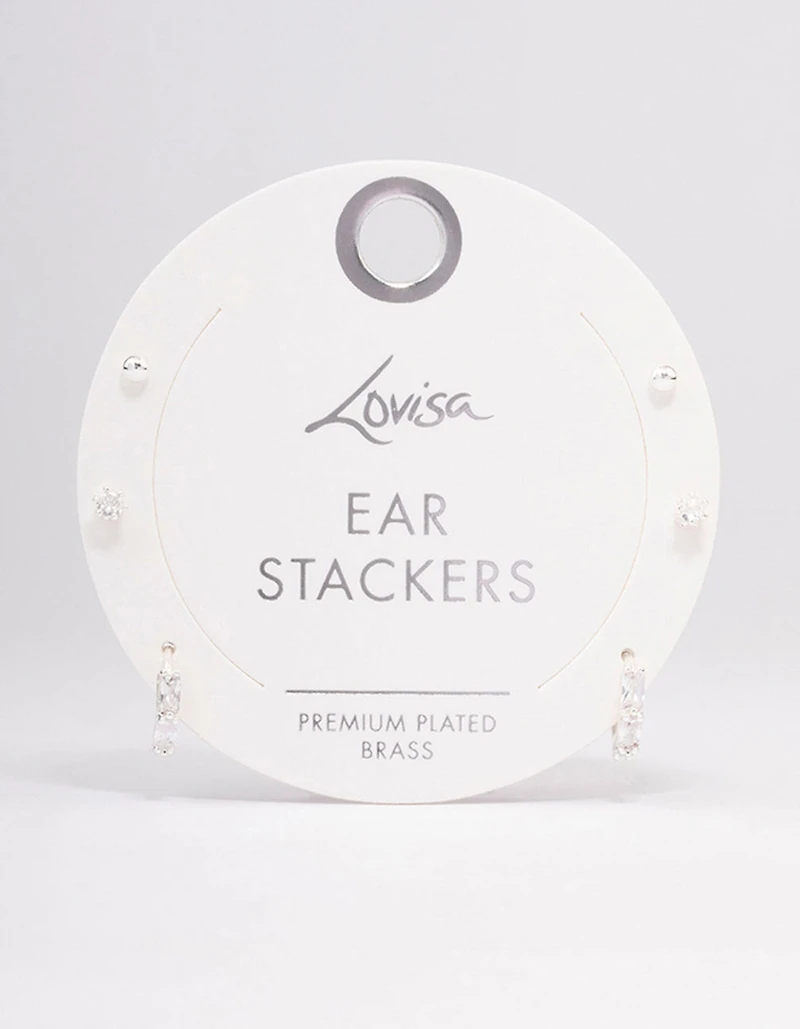 Silver Plated Brass  Baguette Huggie Earring 3-Pack