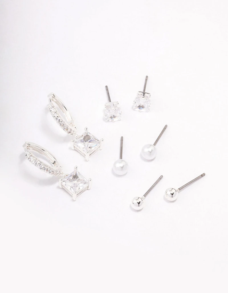 Silver Plated Brass Princess Huggie Earring 4-Pack