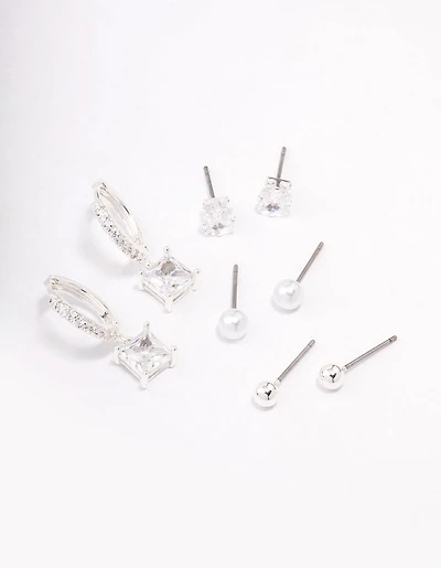 Silver Plated Brass  Princess Huggie Earring 4-Pack