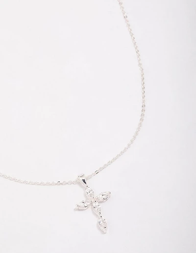 Silver Plated Brass  Large Marquise Cross Pendant Necklace
