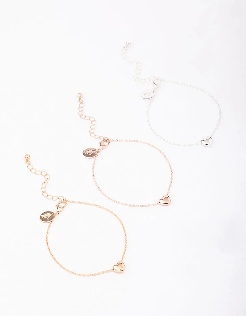 Mixed Metal Triple Heart Bracelet 3-Pack