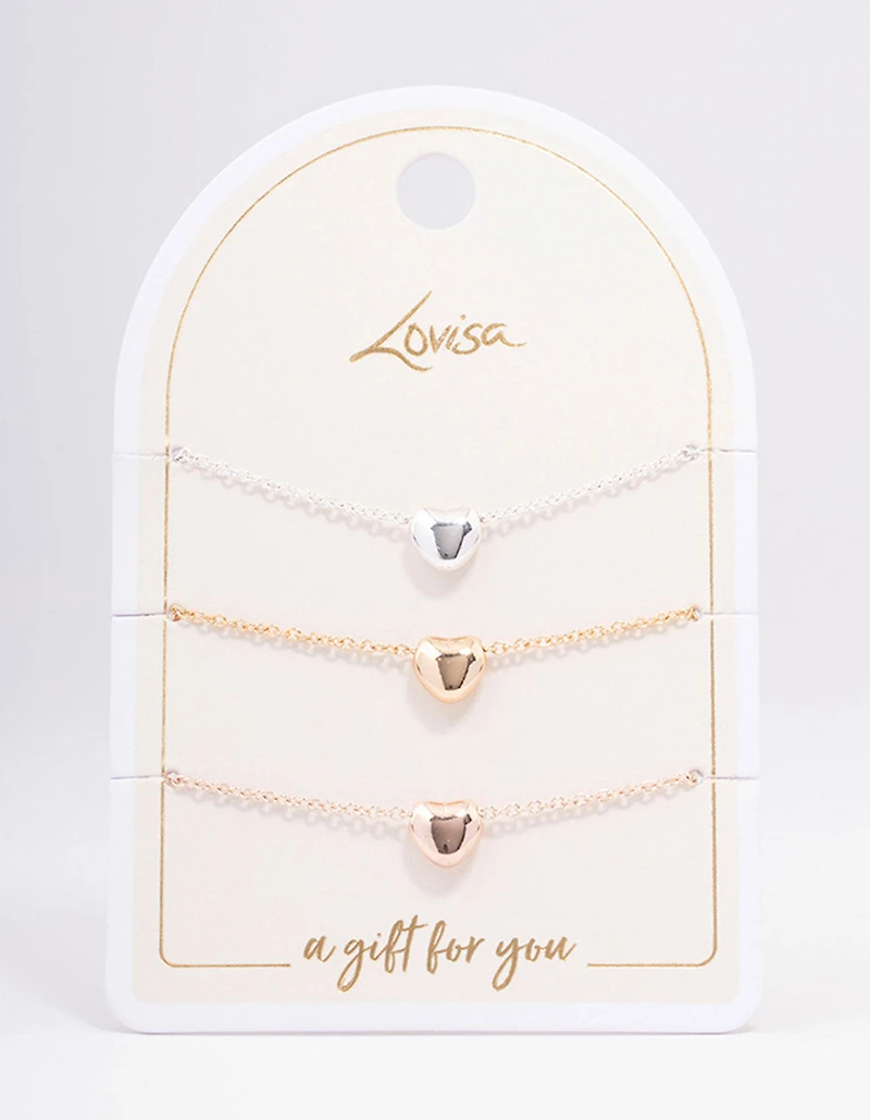 Mixed Metal Triple Heart Bracelet 3-Pack